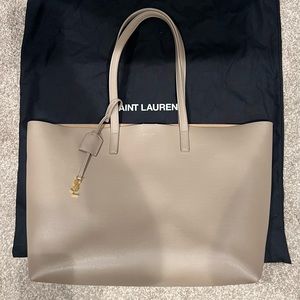 Authentic Yves Saint Laurent Leather Shopping Tote Bag in Dark Beige
